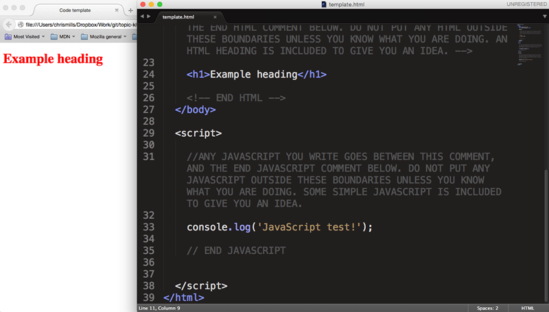 The same webite code being shown in a web browser and a text editor