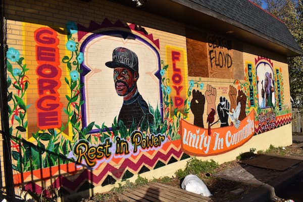 A colorful memorial honoring George Floyd and the Black Lives Matter movement