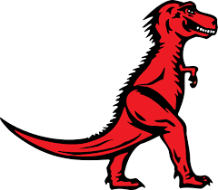 A red Tyrannosaurus Rex: A two legged dinosaur standing upright like a human, with small arms, and a large head with lots of sharp teeth.